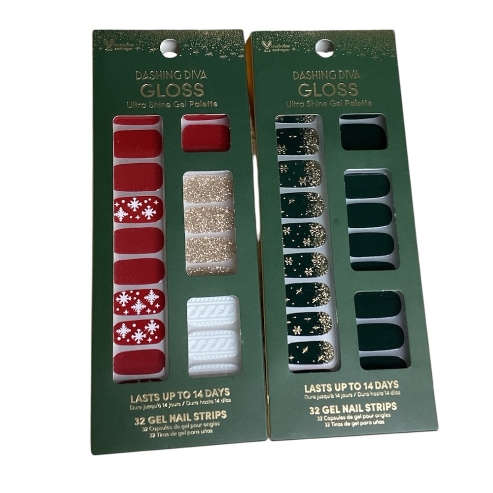 Dashing Diva Gloss Gel Nail Strips - Festive Red, Glittering Gold, Deep Green